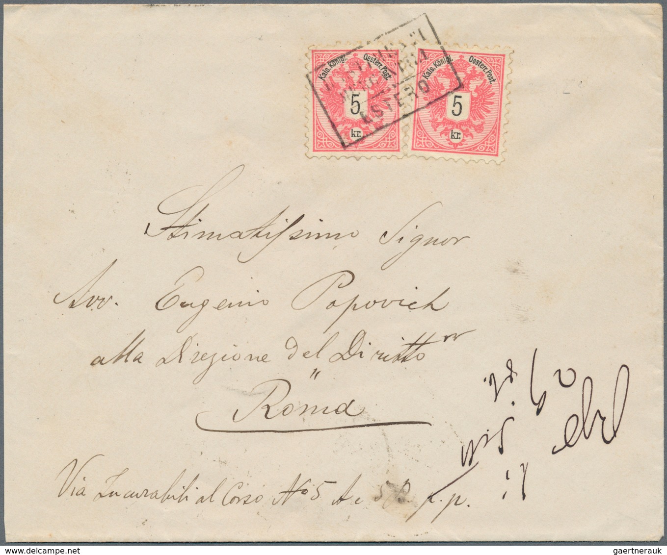 01932 Österreich - Stempel: 1886, 2 X 5 Kr Lilarot/schwarz, Entwertet Mit Italienischem Schiffspoststempel - Franking Machines (EMA)