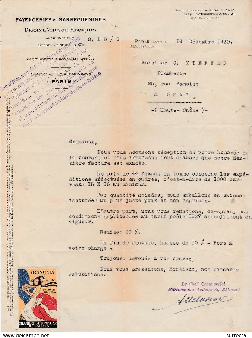 Facture 1930 / Faïencerie Sarreguemines Digoin & Vitry / Utzchneider / Belle Vignette Patriotisme / Art Nouveau / - Autres & Non Classés