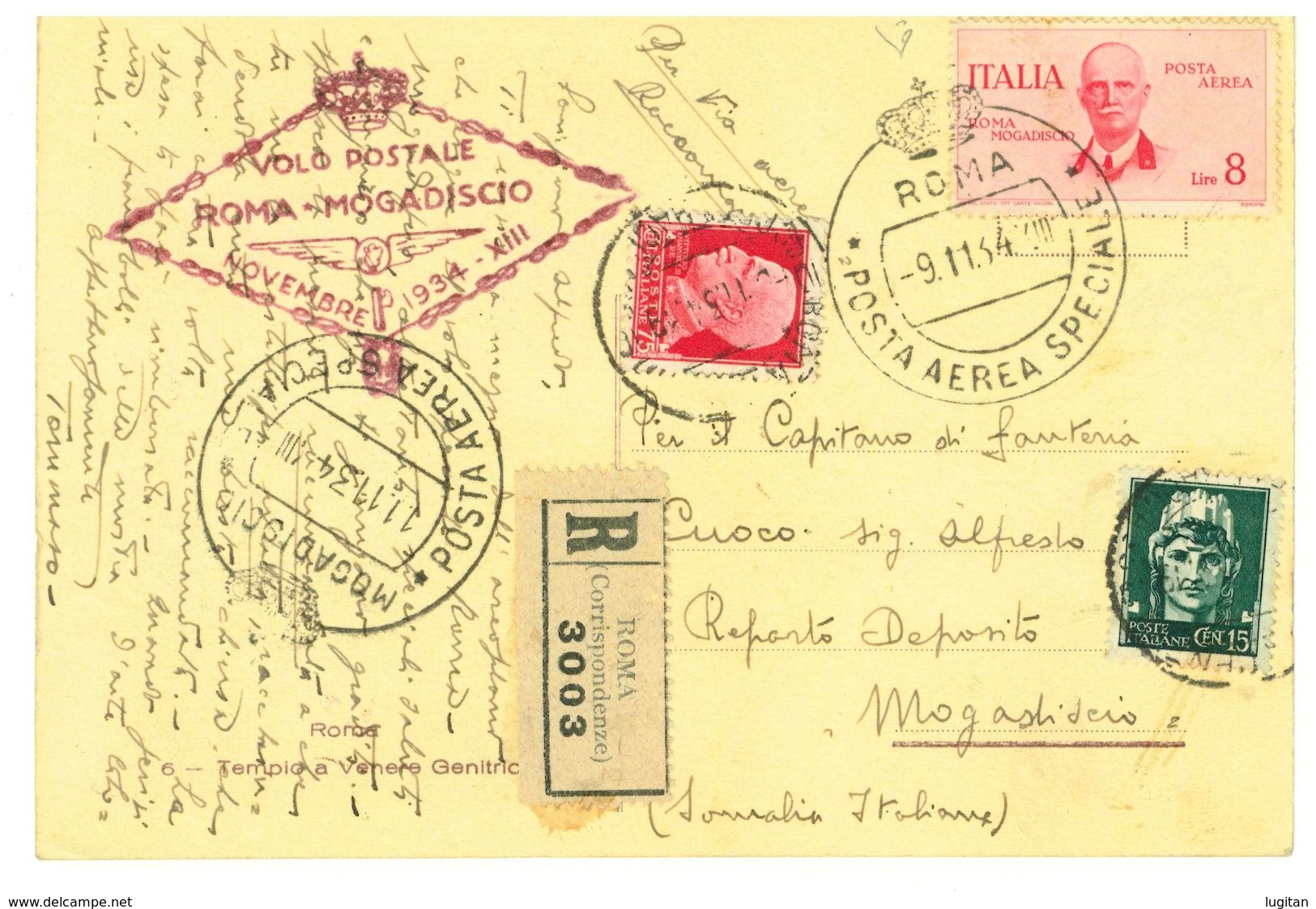 ITALIA 1934 - VOLO POSTA AEREA SPECIALE - ROMA MOGADISCIO SASS PA 83  CARTOLINA- - Storia Postale (Posta Aerea)