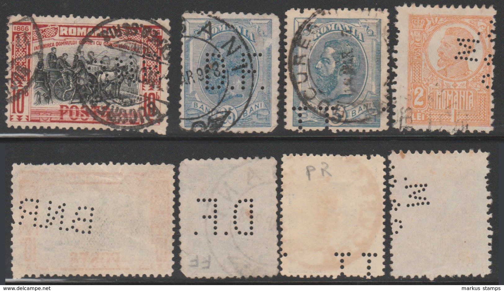 1903-1925 Romania - Lot Of 4 Different Perfin Stamps, Perfins - Variétés Et Curiosités