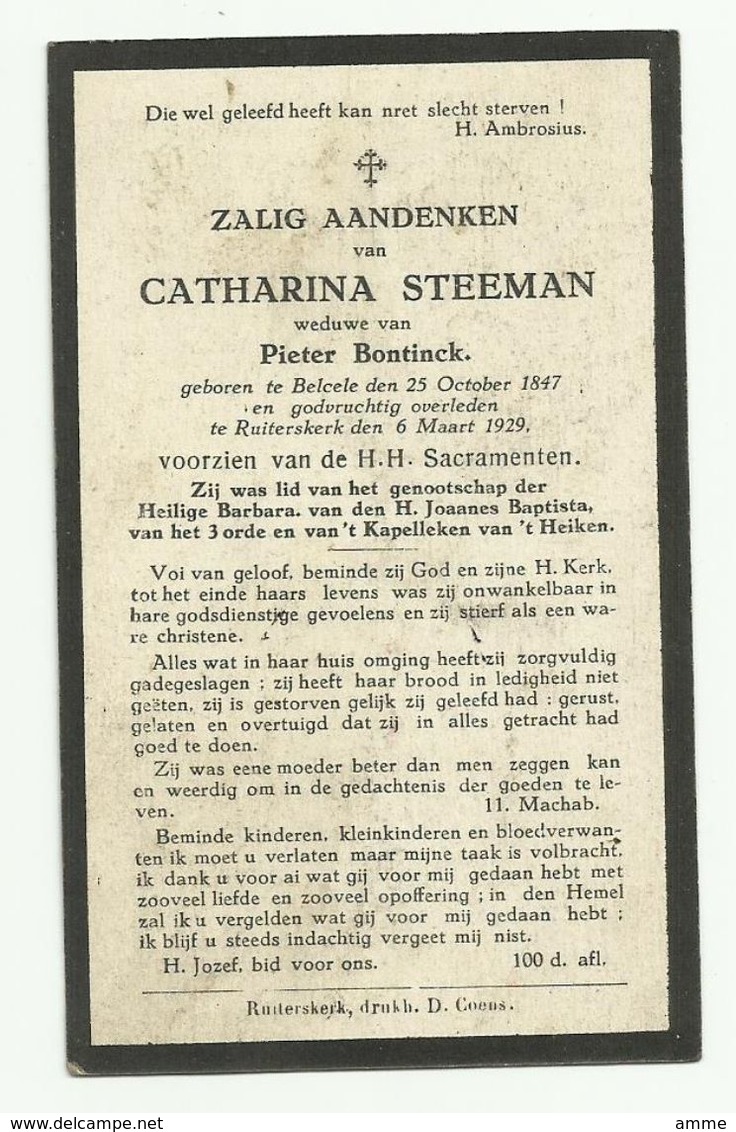 Doodsprentje  *  Steeman Catharina  (° Belcele 1847 /  + Ruiterskerk 1929)  X Bontinck Pieter - Religion & Esotérisme