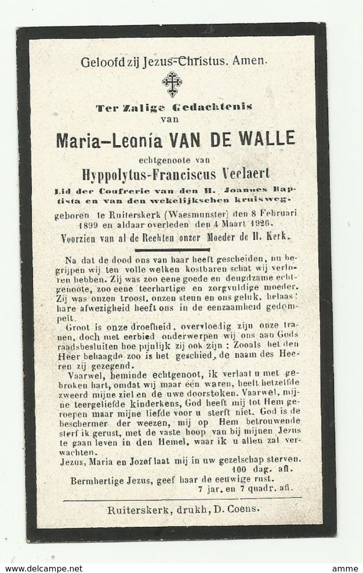 Doodsprentje  *  Van De Walle Maria-Leonia (° Waasmunster 1899 /  + Ruiterskerk 1926)  X Veelaert Hyppolytus - Godsdienst & Esoterisme