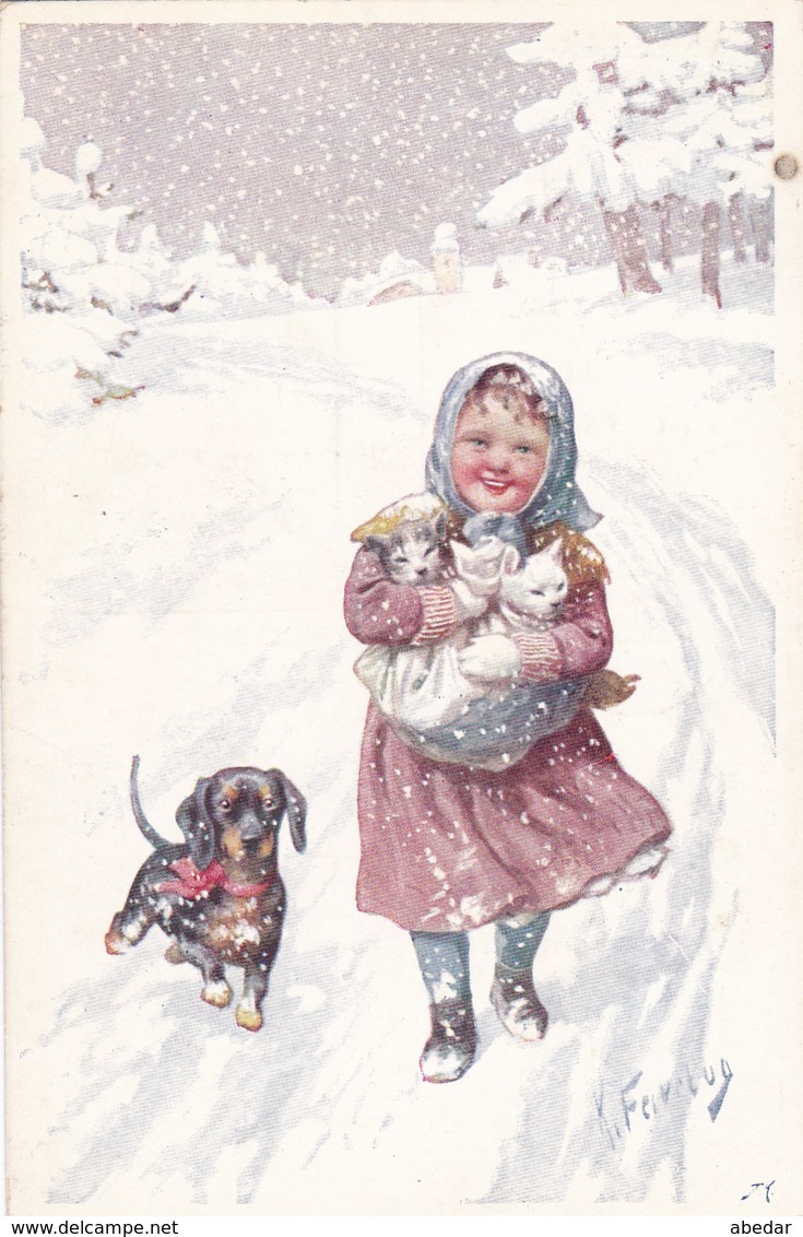 Cpa. CHIEN  DOG Dackel Teckel  Dachshund  Basset Bassotto  Enfant Cat K.Feiertag Old  Postcard 1913 - Chiens