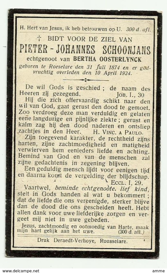 Doodsprentje  *  Schoonjans Pieter-Johannes (° Roeselare 1874 /  + Roulers 1924)  X Oosterlynck Bertha - Religion & Esotérisme