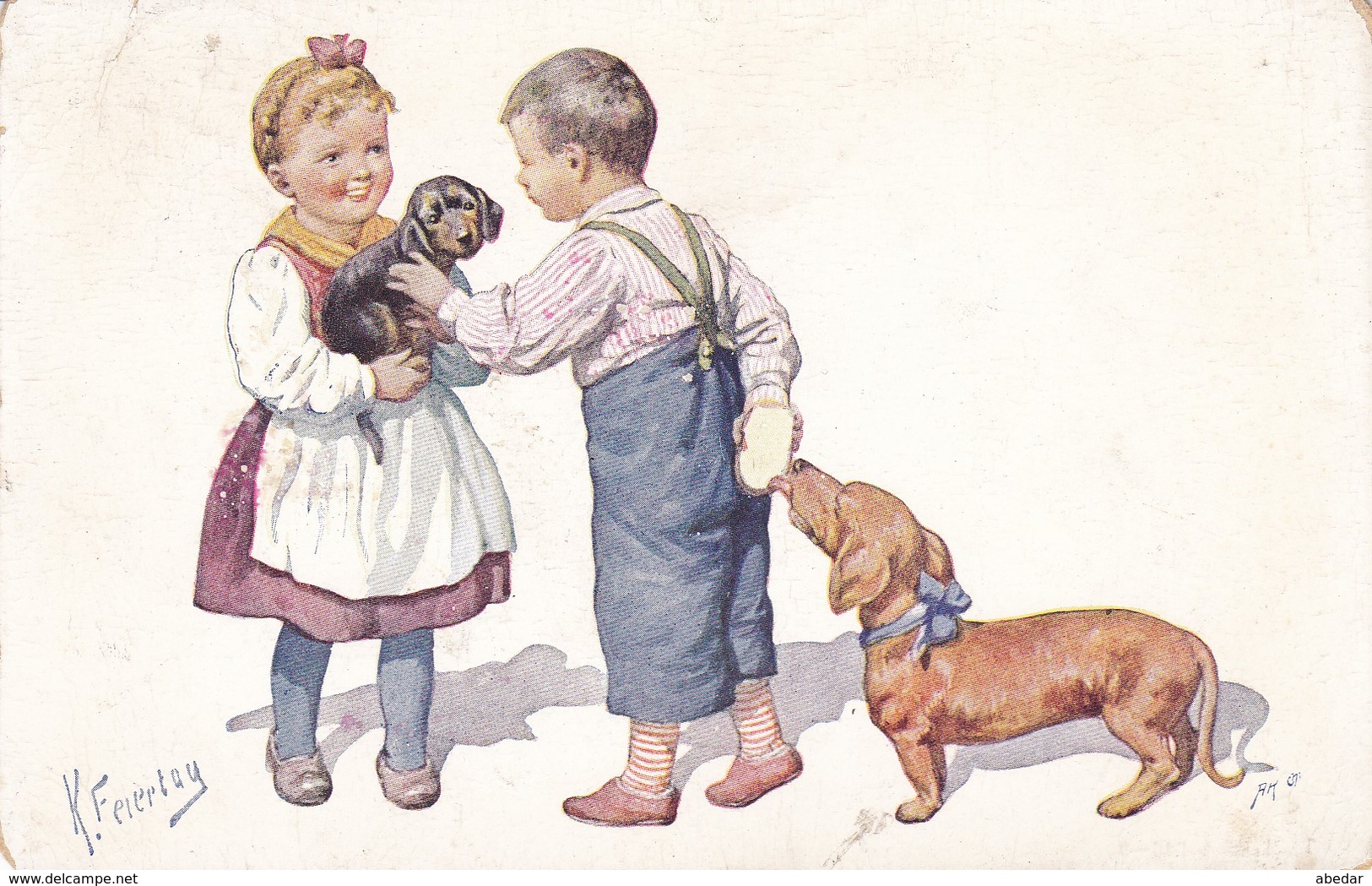 Cpa. CHIEN  DOG Dackel Teckel  Dachshund  Basset Bassotto  Enfant  K.Feiertag Old  Postcard 1929 - Chiens