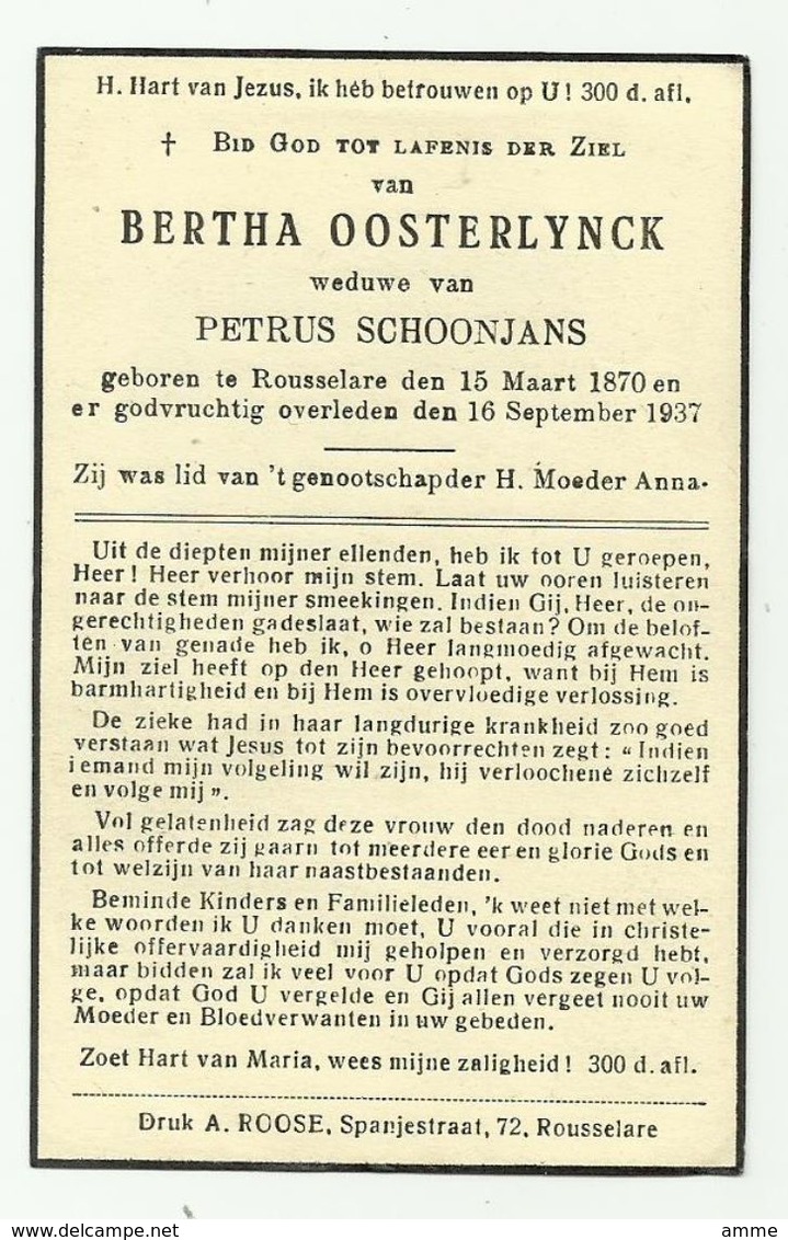 Doodsprentje  *  Oosterlynck Bertha   (° Roeselare 1870 /  + Roulers 1937)  X Schoonjans Petrus - Religion & Esotérisme