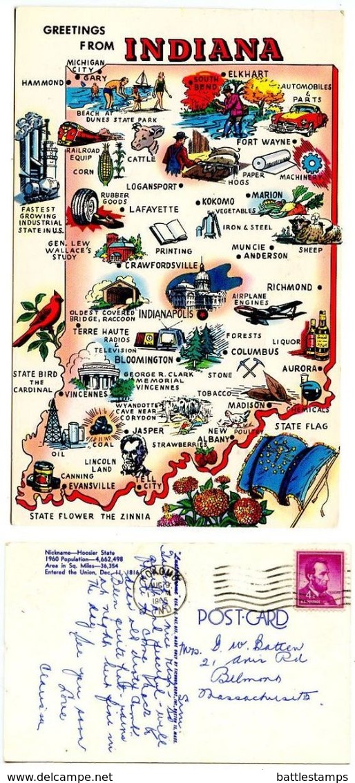 United States 1965 Postcard Greetings From Indiana, Illustrated Map - Maps