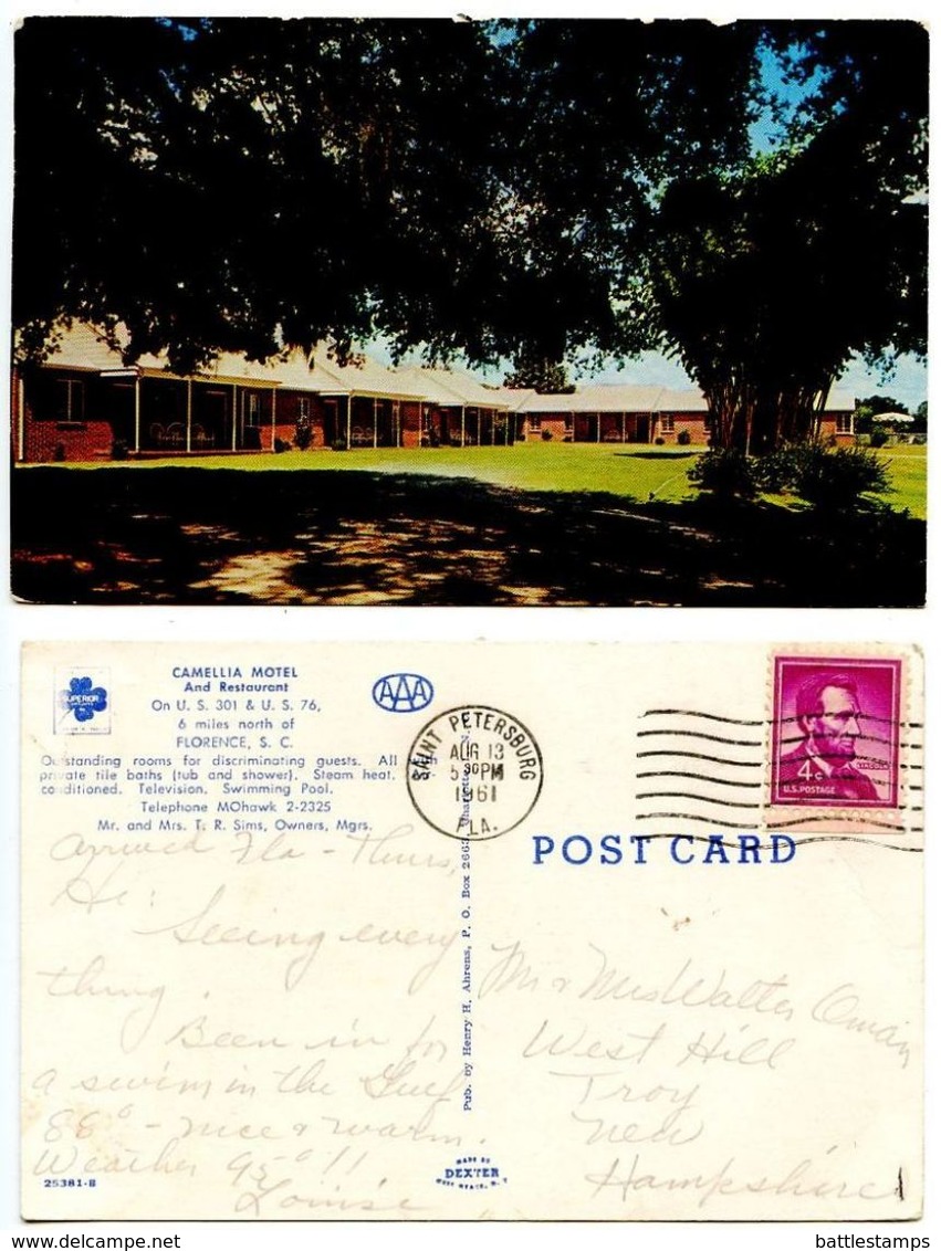 United States 1961 Postcard Camellia Motel & Restaurant, Florence South Carolina - Florence