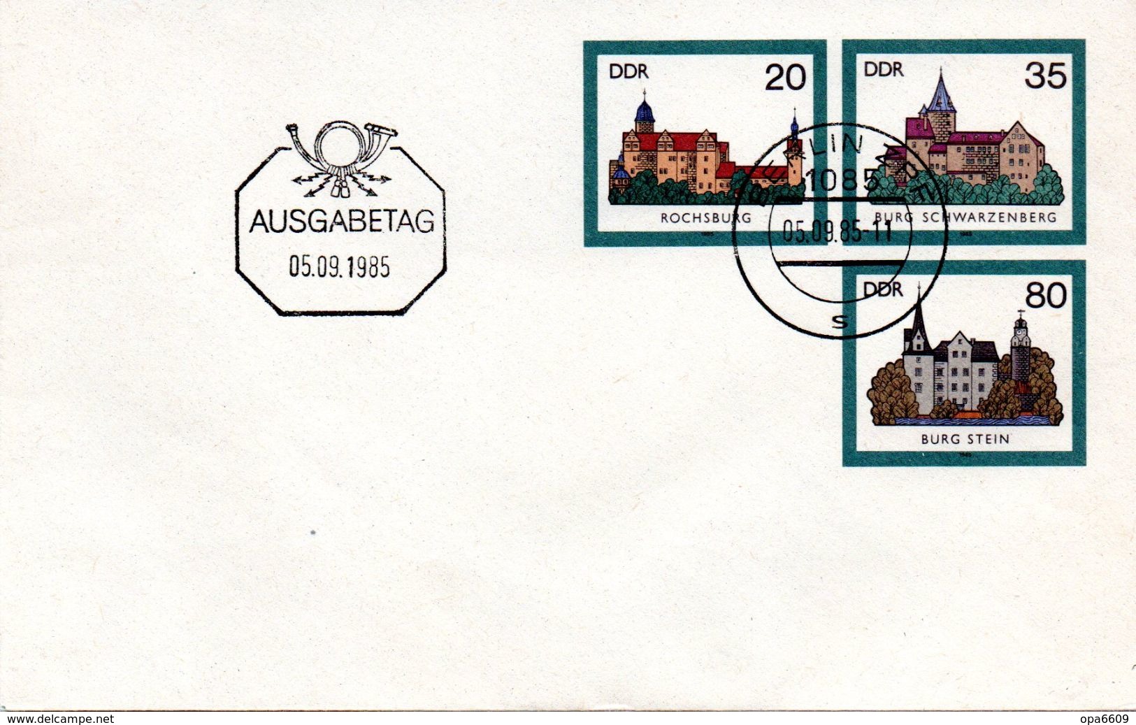 (FC5) DDR Amtl. GZS-Umschlag U2  20(Pf)neben 35(Pf)darunter 80(Pf)mehrfarbig "Burgen Der DDR" ESSt 5.9.1985 - Covers - Used
