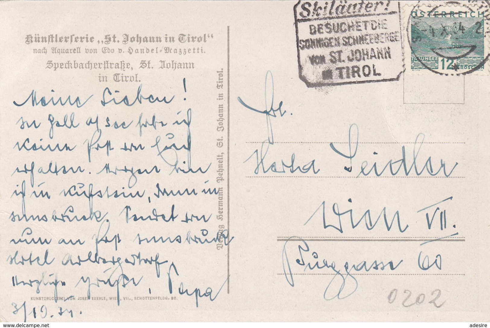 ST. JOHANN In Tirol, Speckbacherstarsse, Sehr Schöne Künstlerkarte 1934 Gelaufen, Druck J.Eberle, Verlag Hermann Pehnelt - St. Johann In Tirol