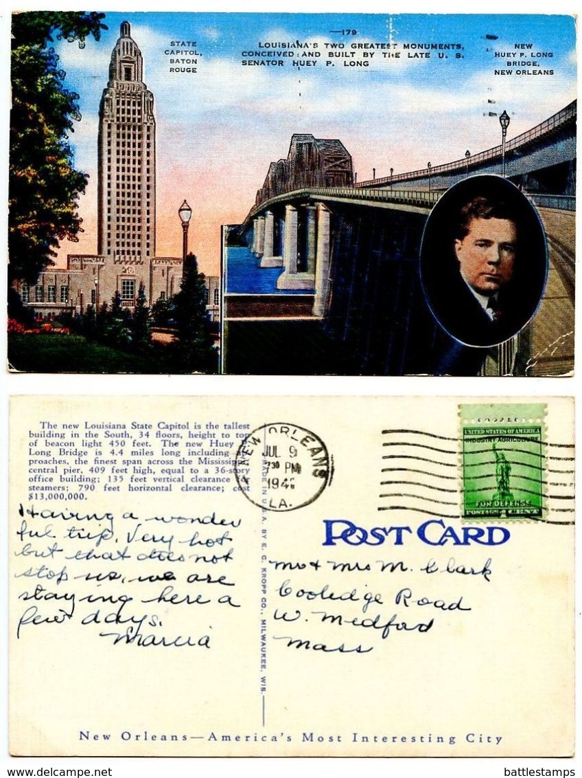 United States 1941 Postcard Louisiana U.S. Senator Huey P. Long’s Achievements - Baton Rouge