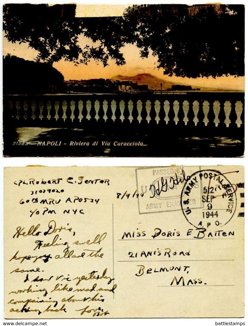 Italy 1944 Postcard Naples - Riviera Di Via Caracciolo, U.S. Army APO 512, WWII - Lettres & Documents