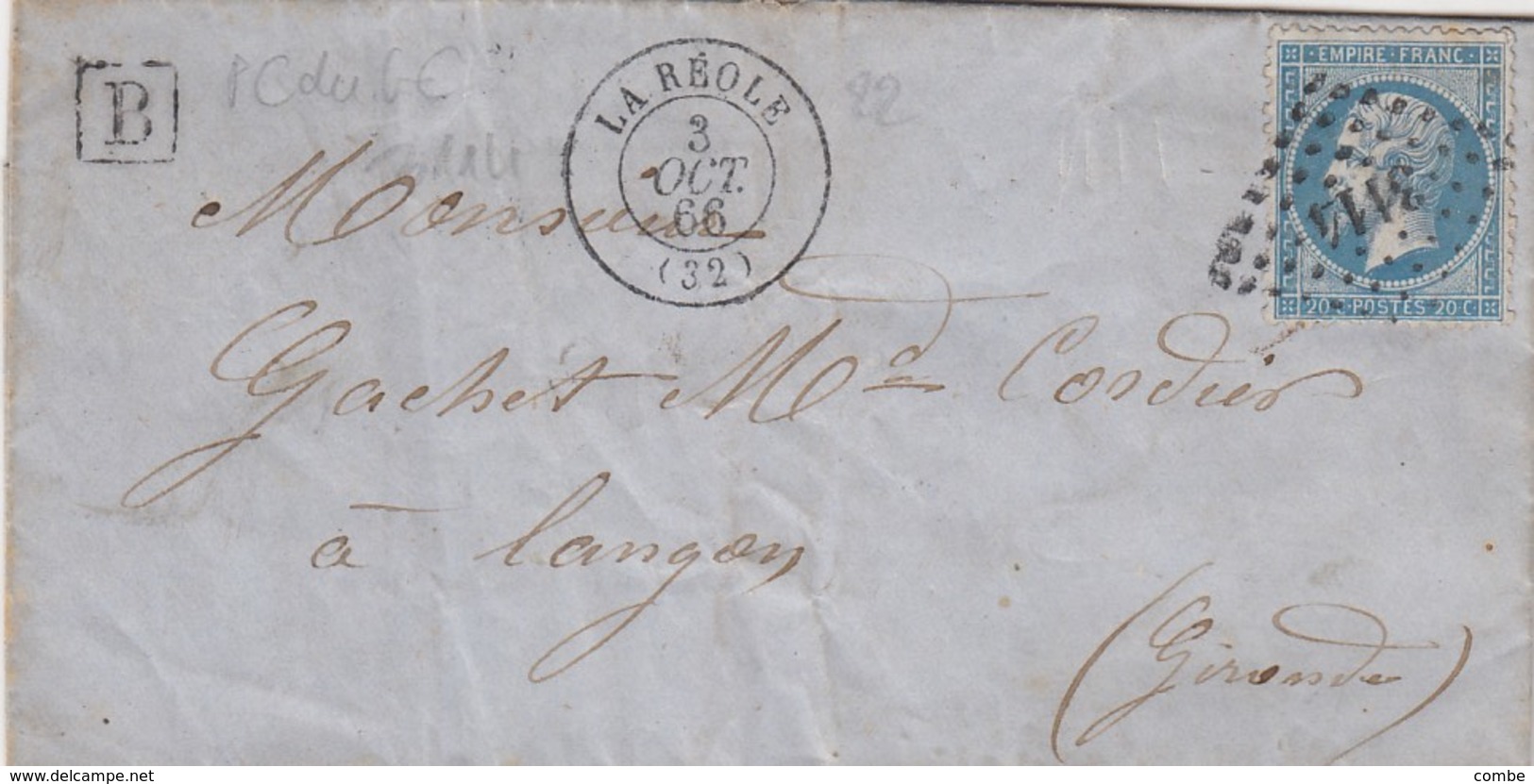 LETTRE. 3 OCT 66. GIRONDE LA REOLE. PC Du GC 3114. POUR LANGON. BOITE URBAINE B / 1 - 1849-1876: Classic Period