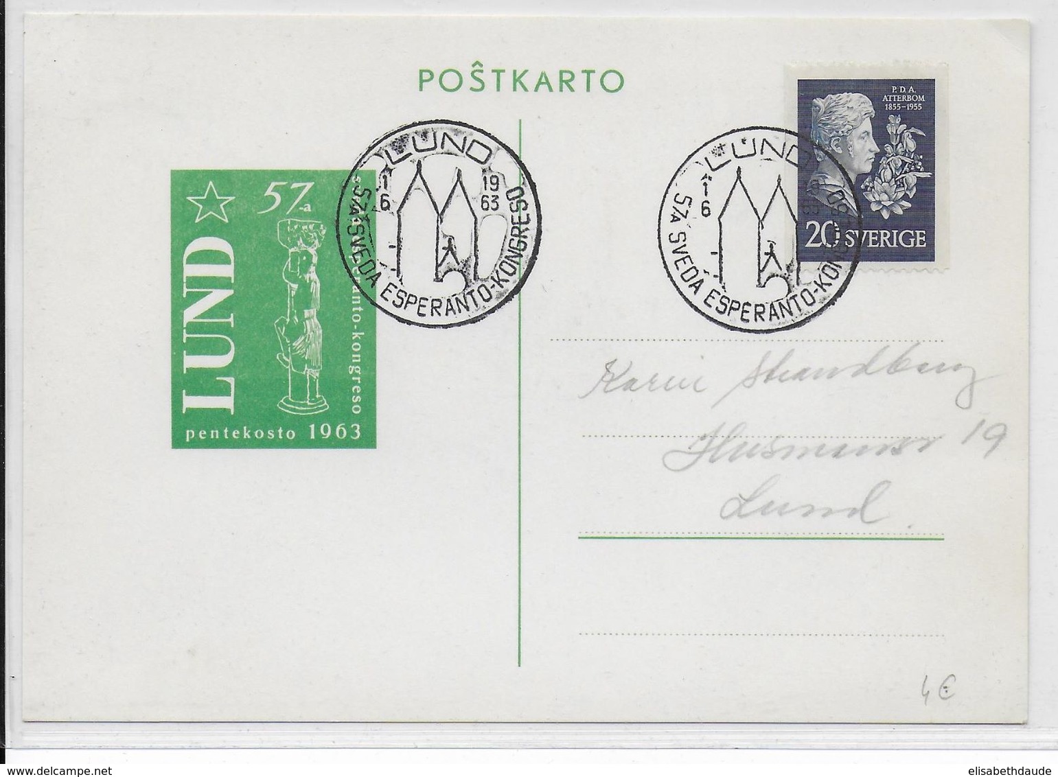 ESPERANTO - SUEDE - 1963 - CARTE Avec OBLITERATION TEMPORAIRE - Esperanto