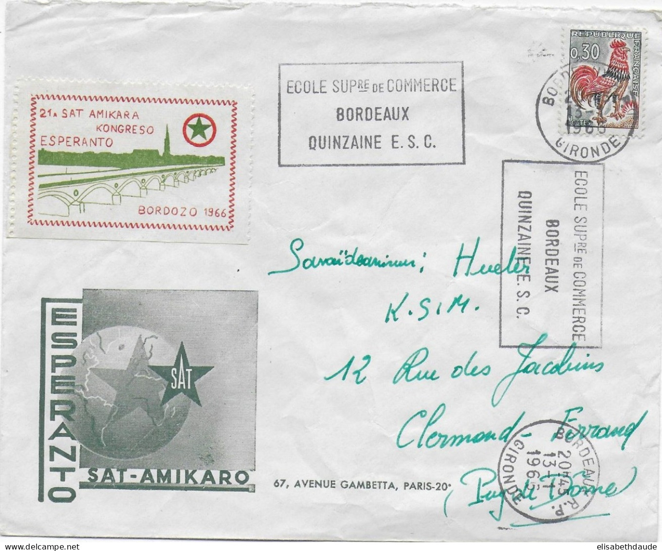 ESPERANTO - FRANCE - 1966 - ENVELOPPE ILLUSTREE De PROPAGANDE Avec VIGNETTE De BORDEAUX - Briefe U. Dokumente