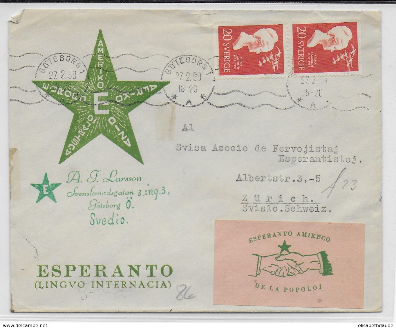 ESPERANTO - SUEDE - 1959 - ENVELOPPE ILLUSTREE De PROPAGANDE Avec VIGNETTES (VOIR AUSSI DOS) - Esperanto