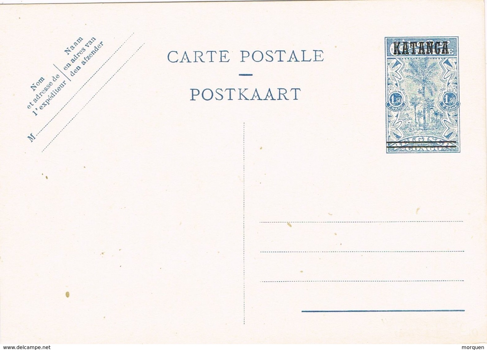 29290. Entero Postal KATANGA, 1,50 Fr, Sobrecarga Belgiche Congo - Katanga