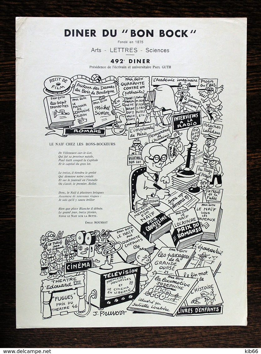 Diner Du Bon Bock N°492, Février 1957; Poésie -Émile Moussat, Illustr.-J.Pruvost - Menus