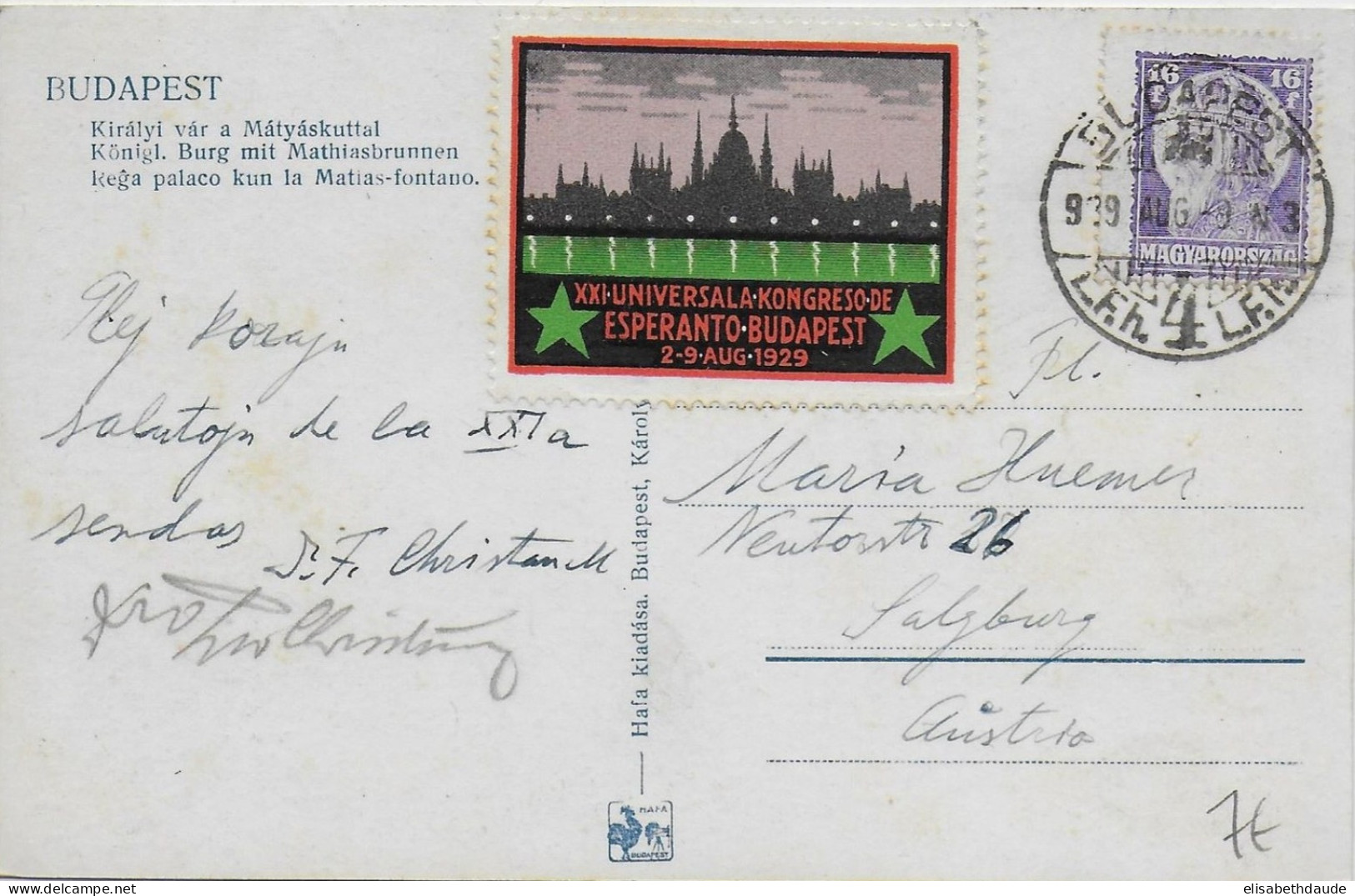 ESPERANTO - HONGRIE - 1929 - VIGNETTE Sur CARTE De BUDAPEST => SALZBURG - Lettres & Documents