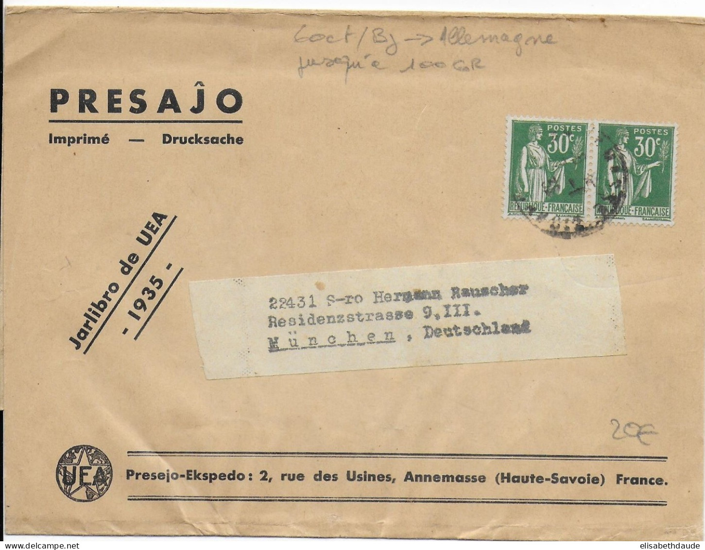 ESPERANTO - 1935 - TYPE PAIX Sur BANDE JOURNAL ESPERANTISTE De ANNEMASSE => MÜNCHEN - TARIF ! - 1932-39 Peace