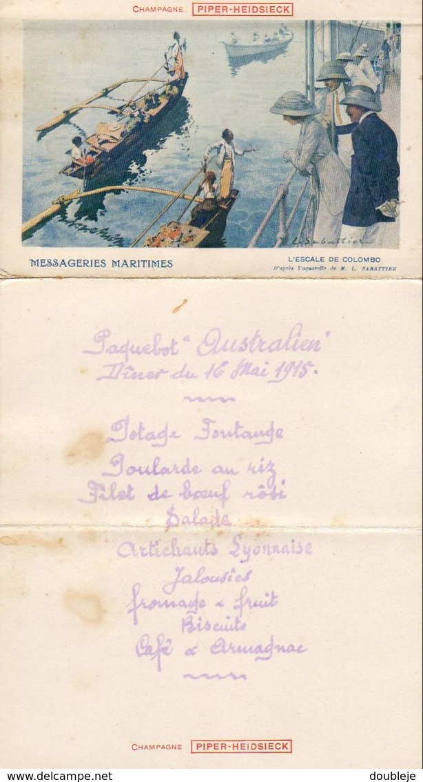 CARTE POSTALE AVEC MENU PAQUEBOT AUSTRALIEN DES MESSAGERIES MARITIMES MAI 1915 AVEC PUB PIPER HEIDSIECK - Guerre 1914-18