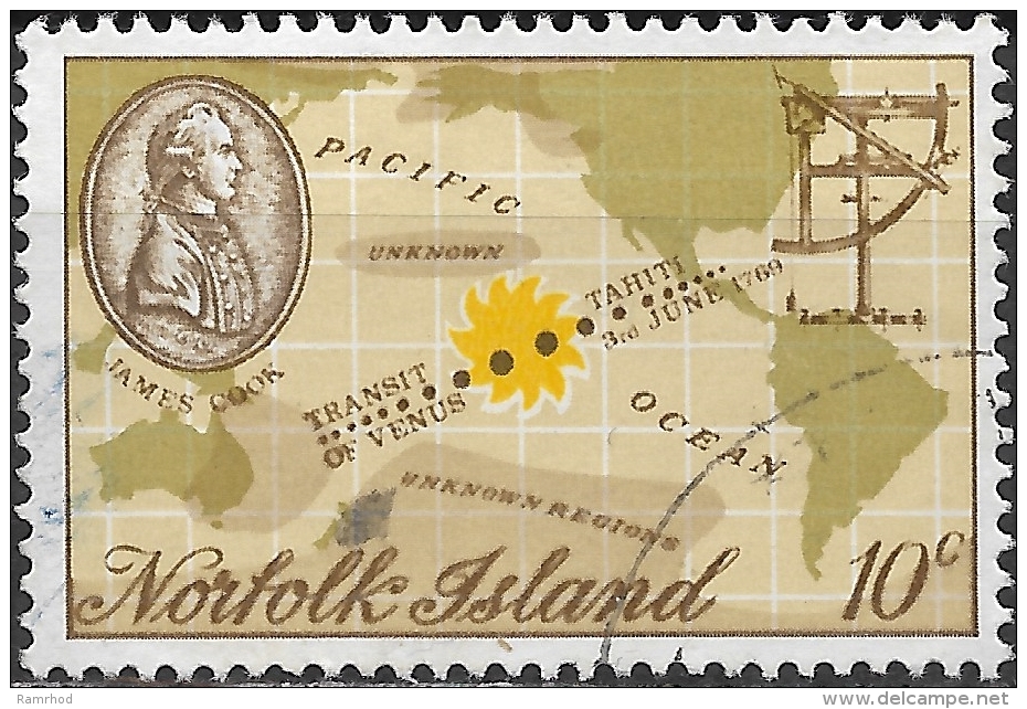 NORFOLK ISLAND 1969 Captain Cook Bicentenary - 10c Captain Cook, Quadrant And Chart Of Pacific Ocean FU - Norfolkinsel