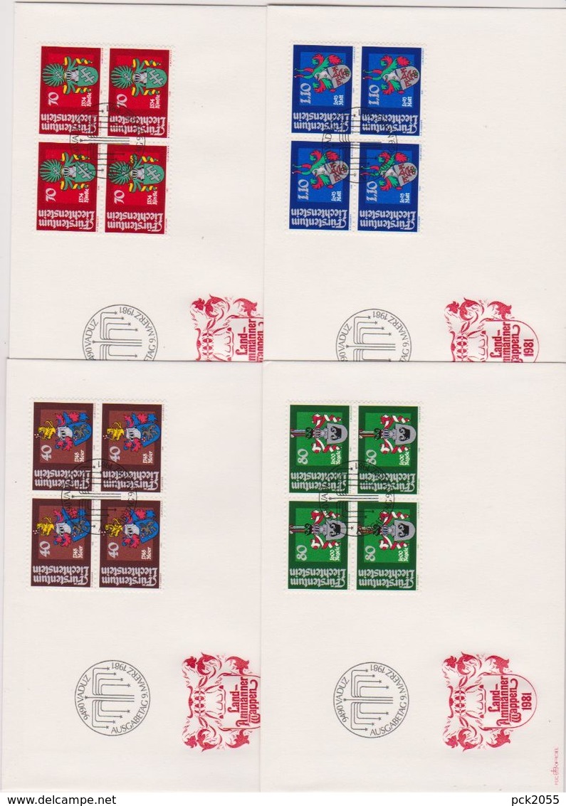 Lichtenstein FDC  1981   MiNr.766 - 769 4er Blocks Wappen Der Landamänner ( D 5138 ) Günstige Versandkosten - FDC