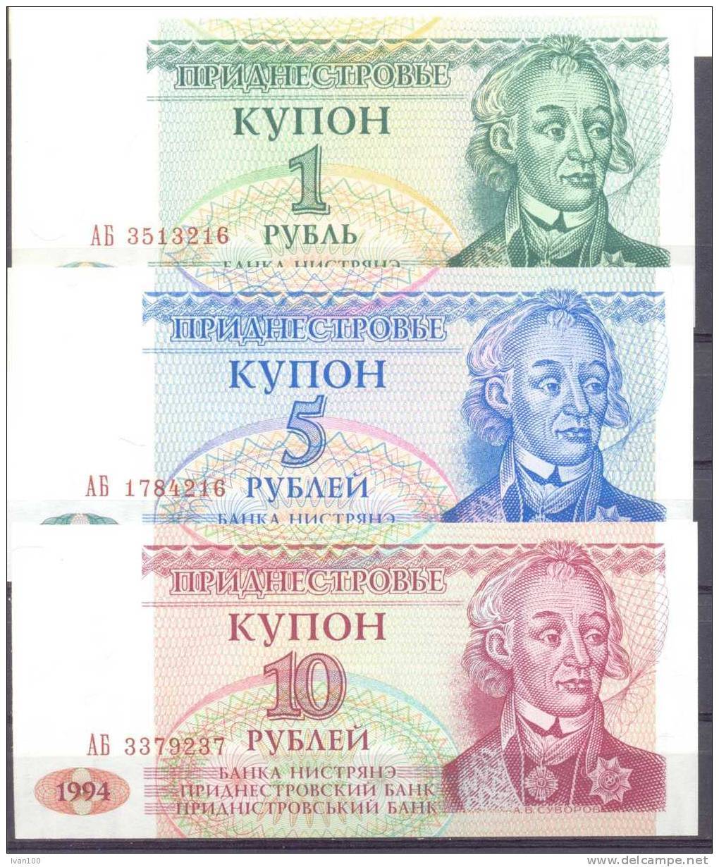 1994. Transnistria, Set Of 3 Banknotes 1 ,5,10Rub,  P-1/3, UNC - Moldavië