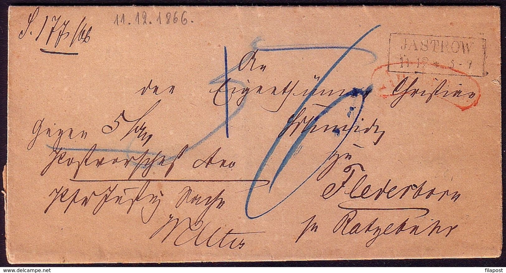 Pommern Germany Poland 1866, Letter From Jastrov - Jastrowie To Ratzebuhr  - Okonek, Auslagen W438 - ...-1860 Prefilatelia