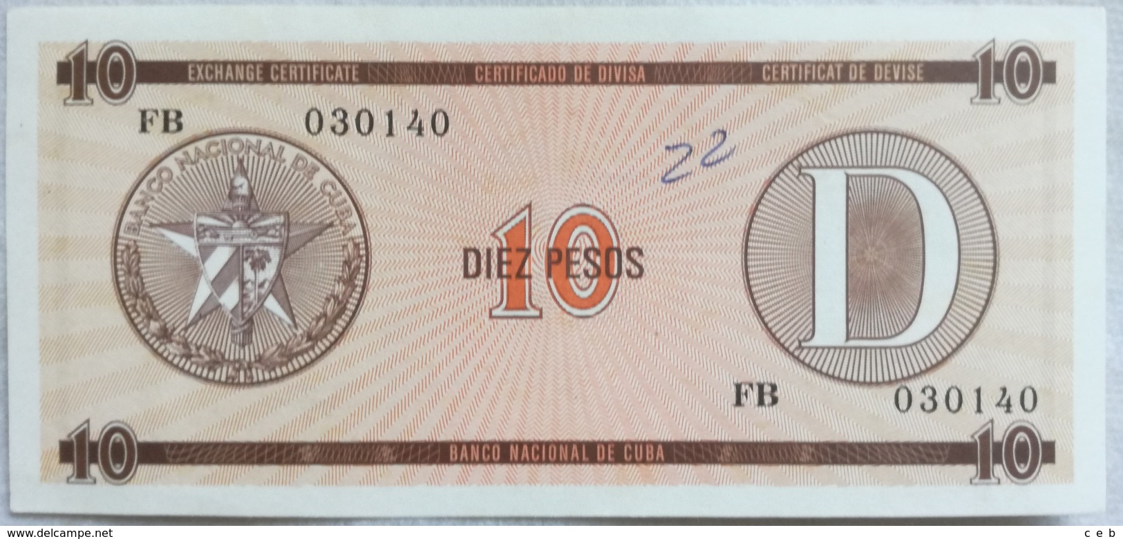 Billete Cuba. 10 Pesos. Serie D. 1985. Certificado De Divisa. Banco Nacional De Cuba. Sin Circular - Cuba