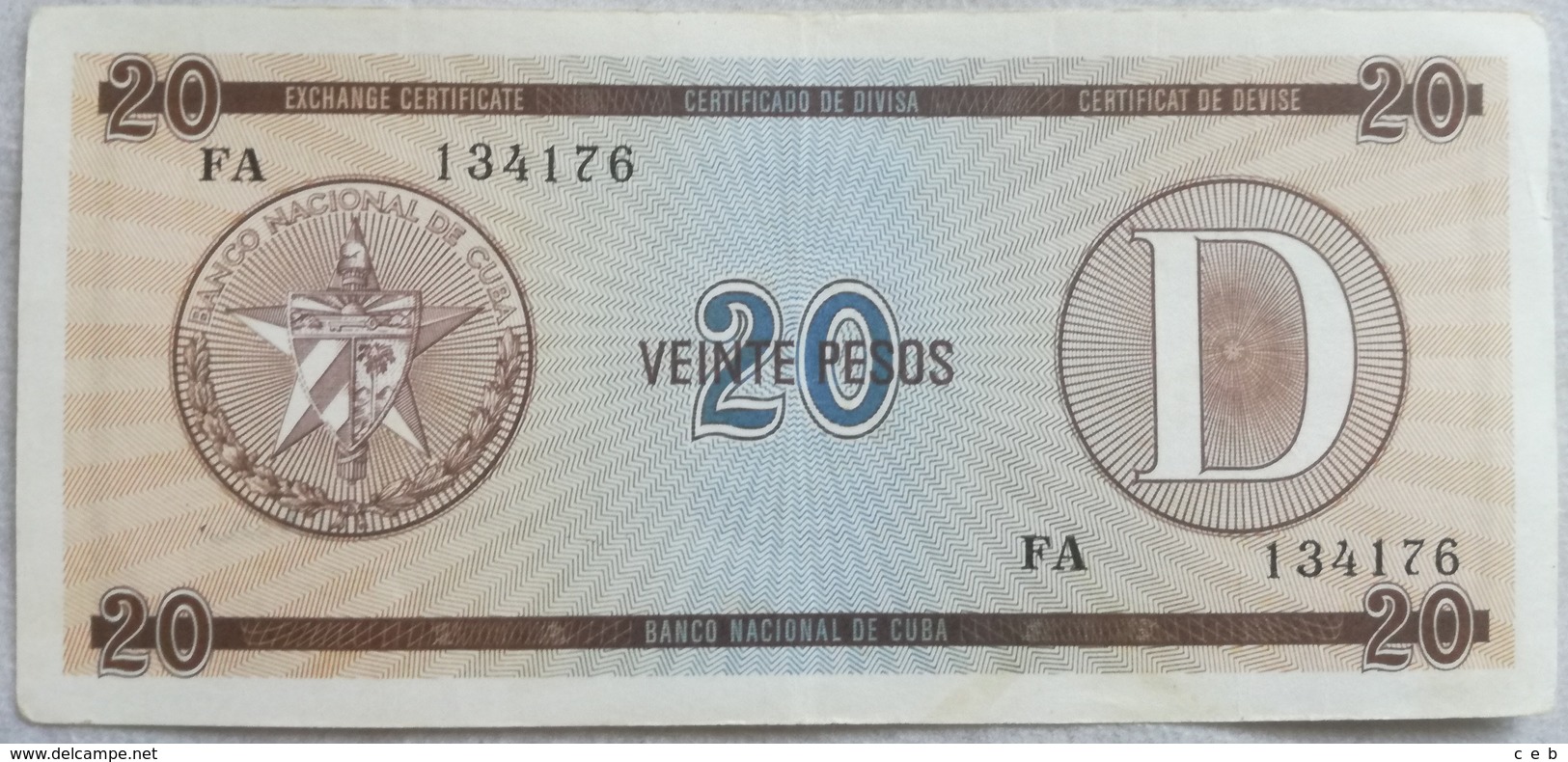 Billete Cuba. 20 Pesos. Serie D. 1985. Certificado De Divisa. Banco Nacional De Cuba. Sin Circular - Cuba