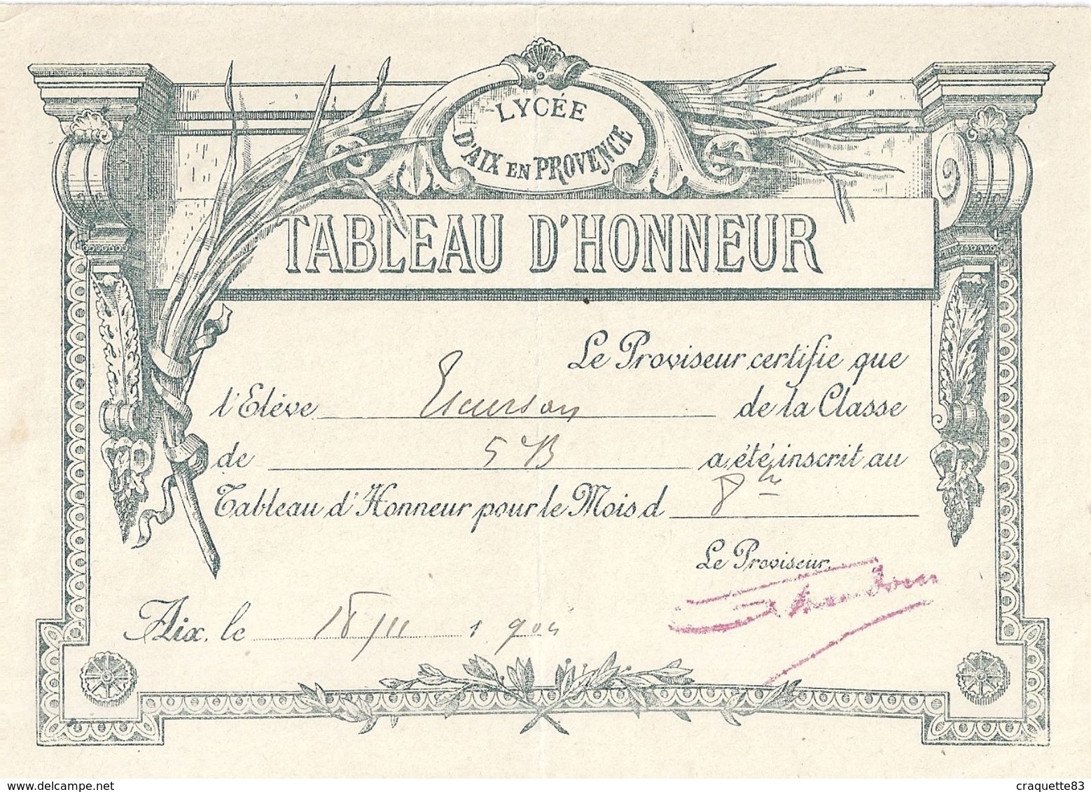 TABLEAU D'HONNEUR -LYCEE D'AIX EN PROVENCE  1904 - Diplômes & Bulletins Scolaires