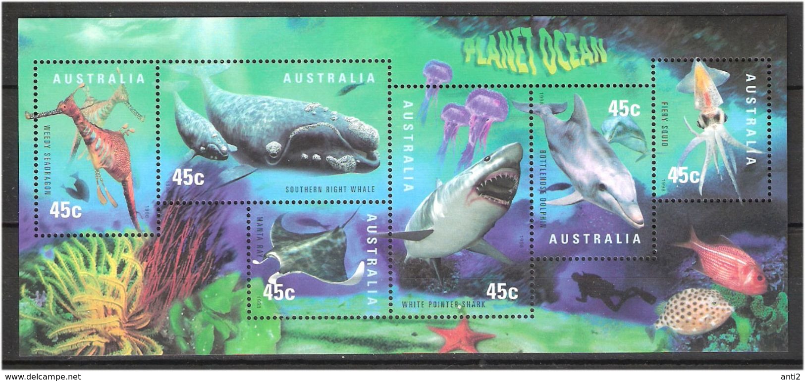 Australia 1998 Animals In Sea, Sea Dragon, Bottlenose Dolphin, Shark, Planet Ocean, Mi Bloc 28 MNH(**) - Mint Stamps