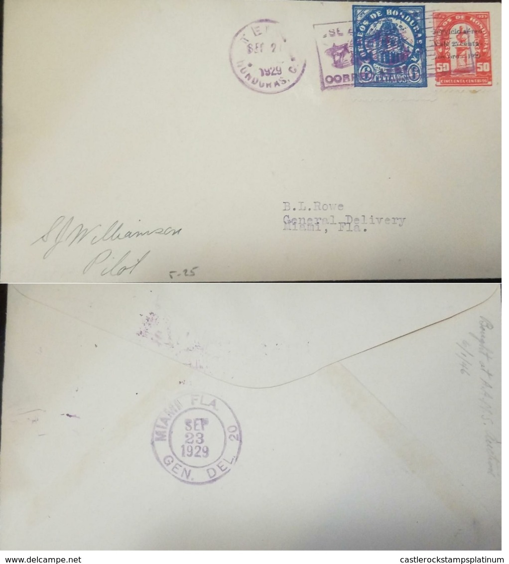 L) 1929 HONDURAS, ARCHITECTURE, BLUE, 6C, STATUE, RED 50C, OVER PRINT, 25C, TELA MIAMI, SIGNED BY THE PILOT, F5 25, XF - Honduras