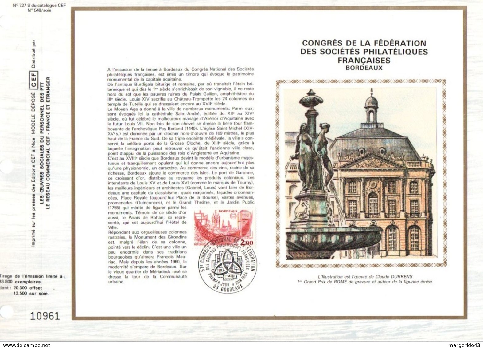 1984 DOCUMENT FDC CONGRES PHILATELIQUE BORDEAUX - 1980-1989