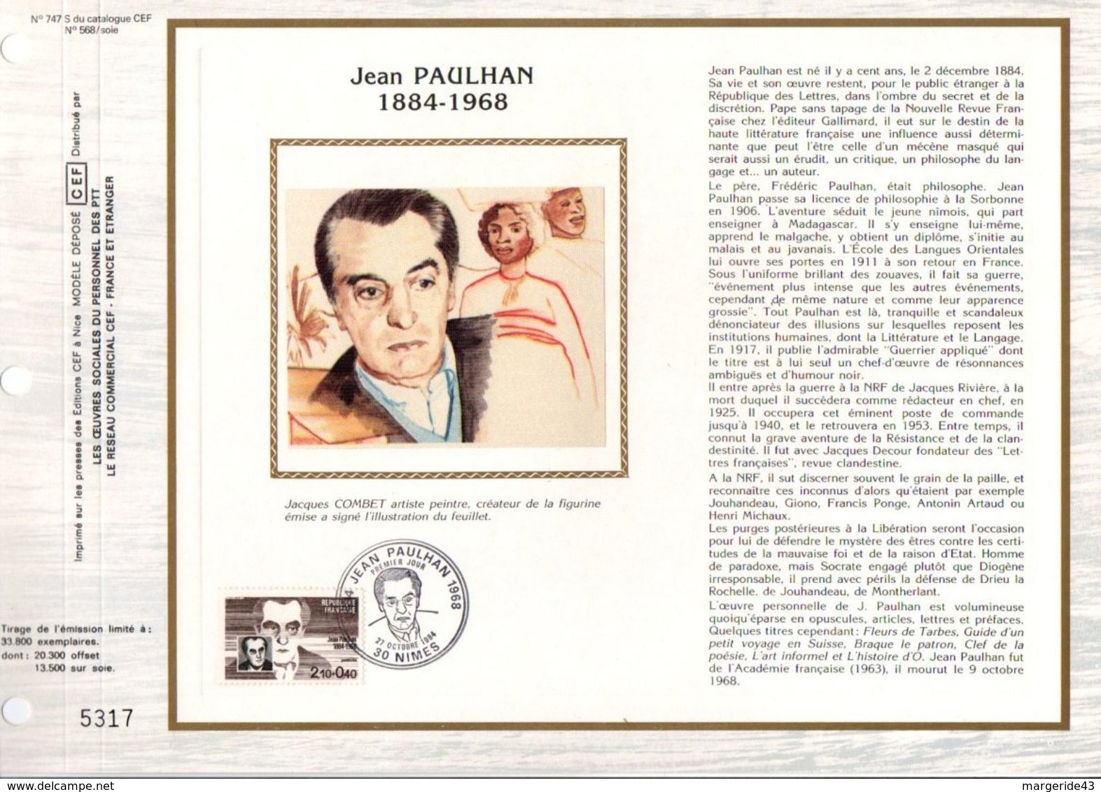 1984 DOCUMENT FDC JEAN PAULHAN - 1980-1989