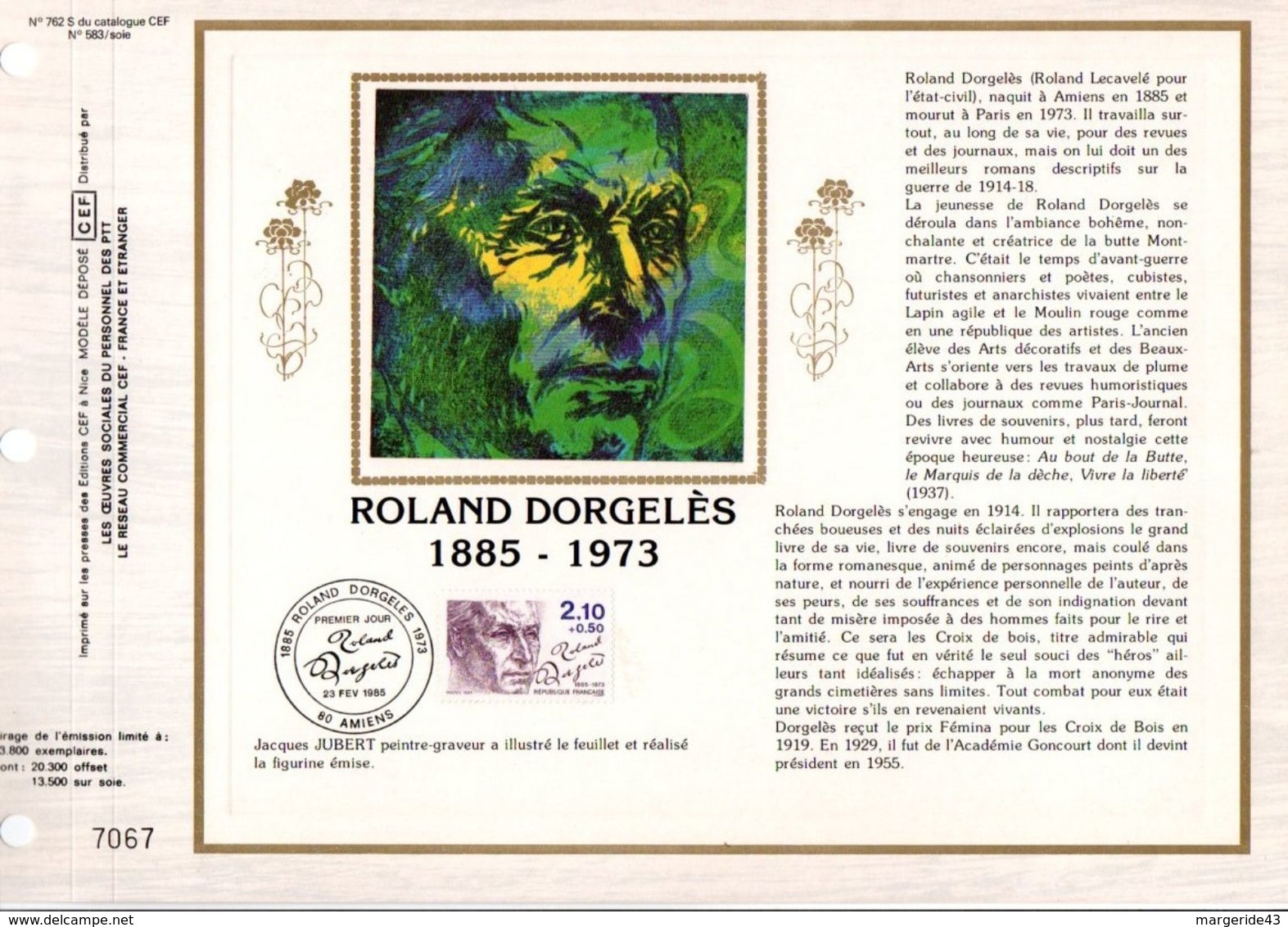 1985 DOCUMENT FDC ROLAND DORGELES - 1980-1989