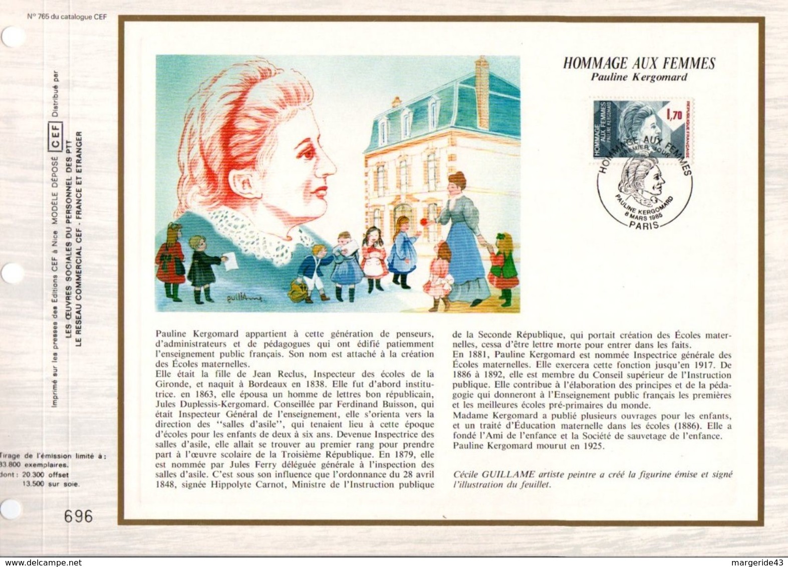 1985 DOCUMENT FDC HOMMAGE AUX FEMMES PAULINE KERGOMARD - 1980-1989