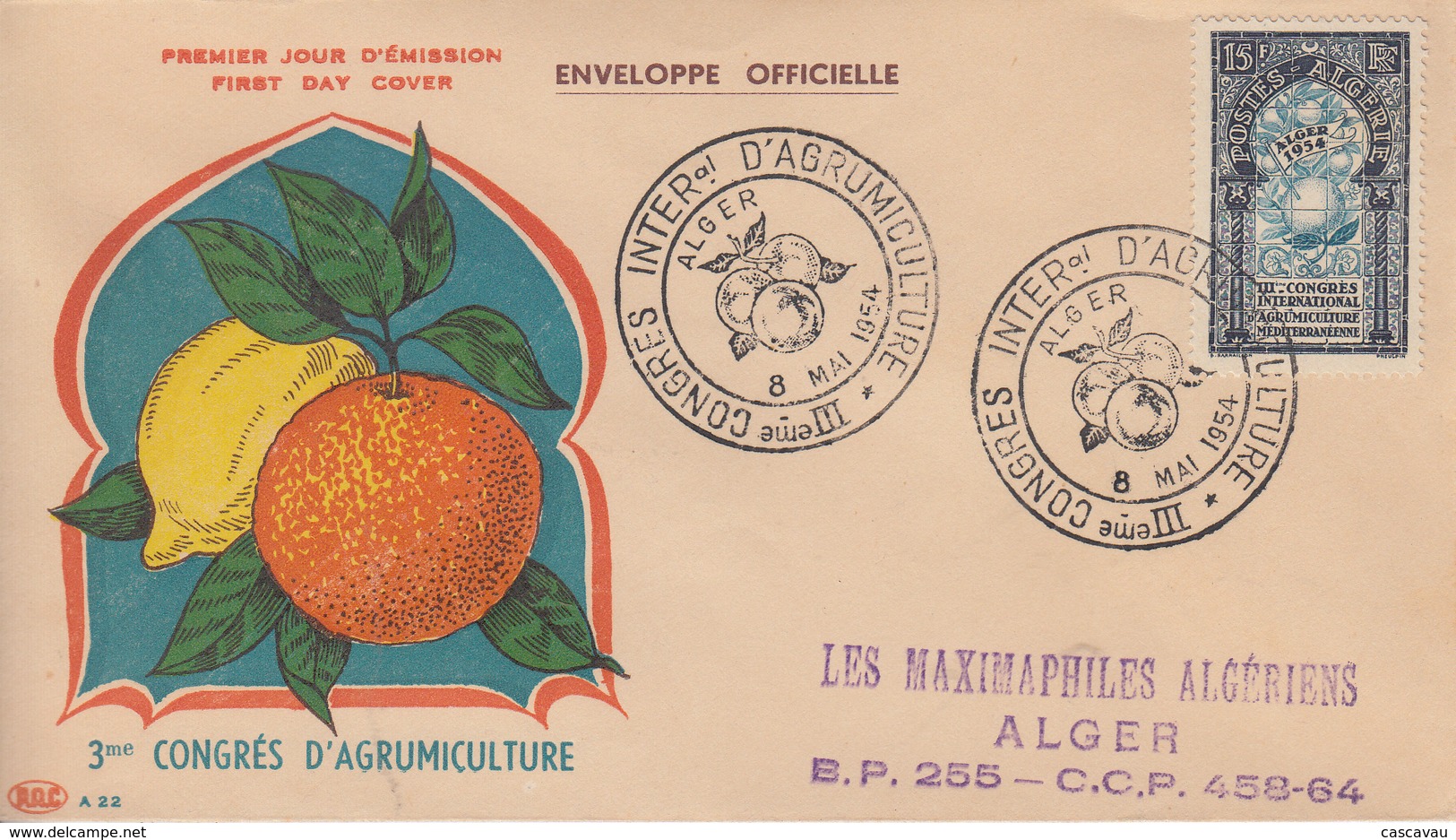 Enveloppe  FDC  1er  Jour  ALGERIE   Congrés  D' Agrumiculture   ALGER   1954 - FDC