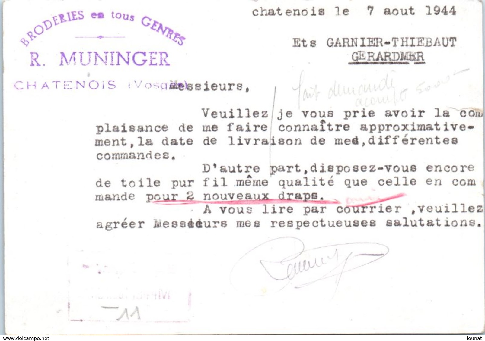 88 CHATENOIS : R. MUNINGER - Oblitération (entiers Postaux) - Chatenois