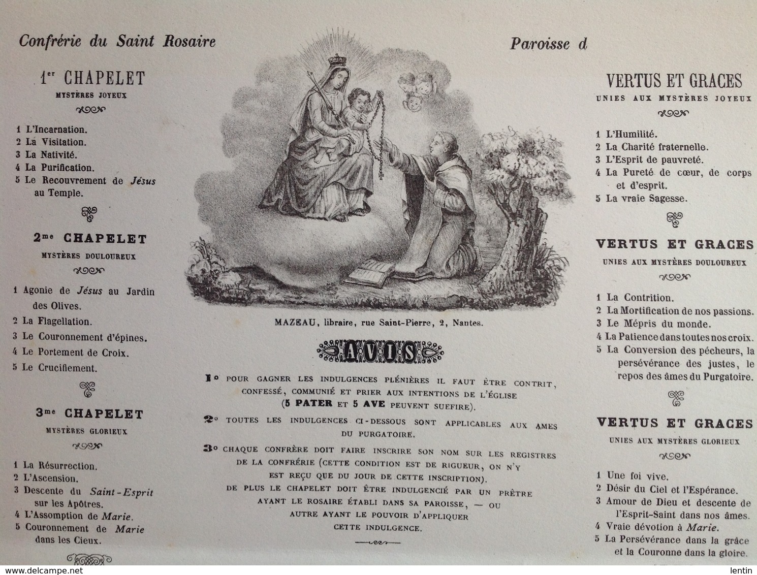 Religion - Confrérie Du Daint Rosaire - Permis D'imprimer : Nantes 7 Octobre 1872, Mazeau Libraire Rue Saint-Pierre - Diplômes & Bulletins Scolaires