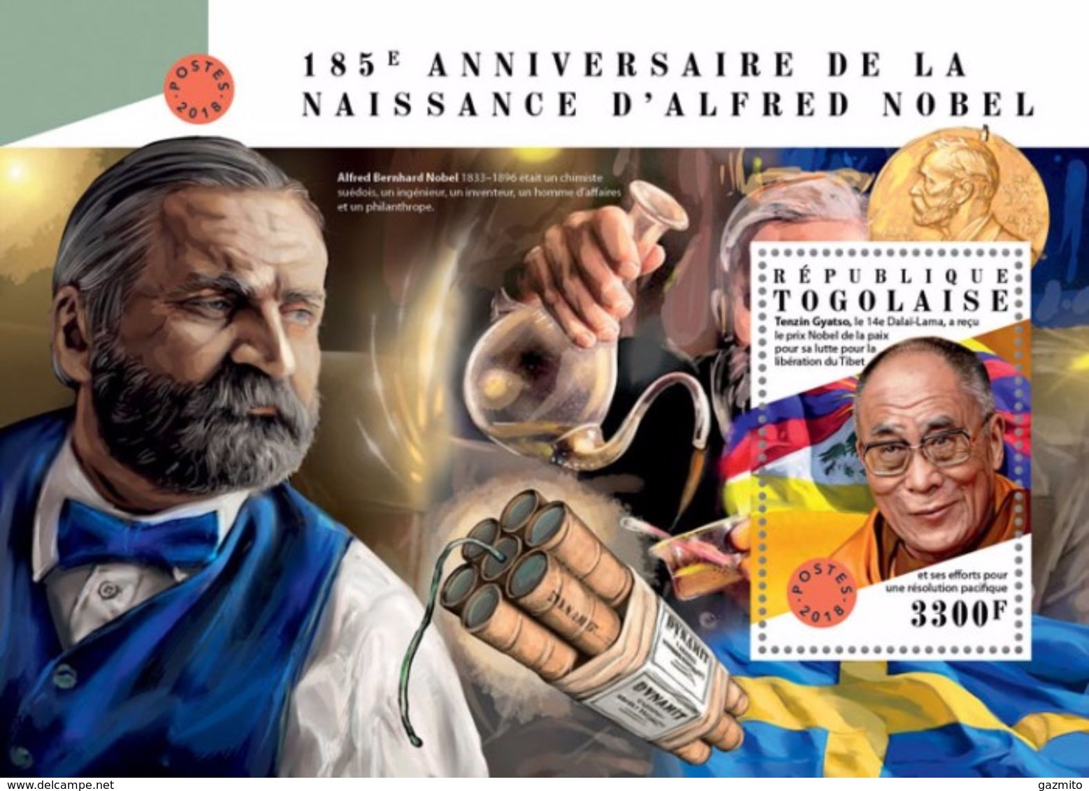 Togo 2018, Alfreed Nobel, Dalai Lama, BF - Budismo