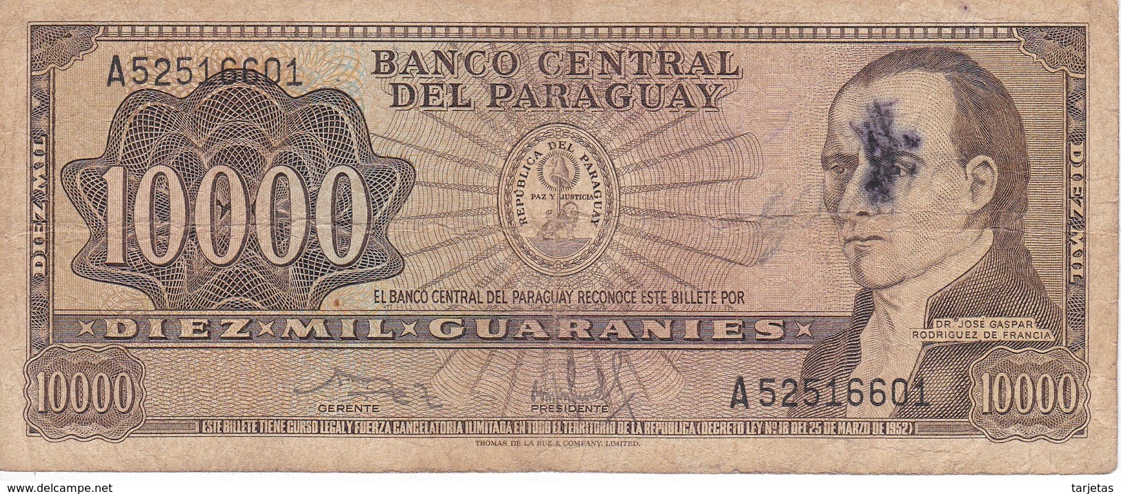 BILLETE DE PARAGUAY DE 10000 GUARANIES DEL AÑO 1982 (BANK NOTE) RARO - Paraguay