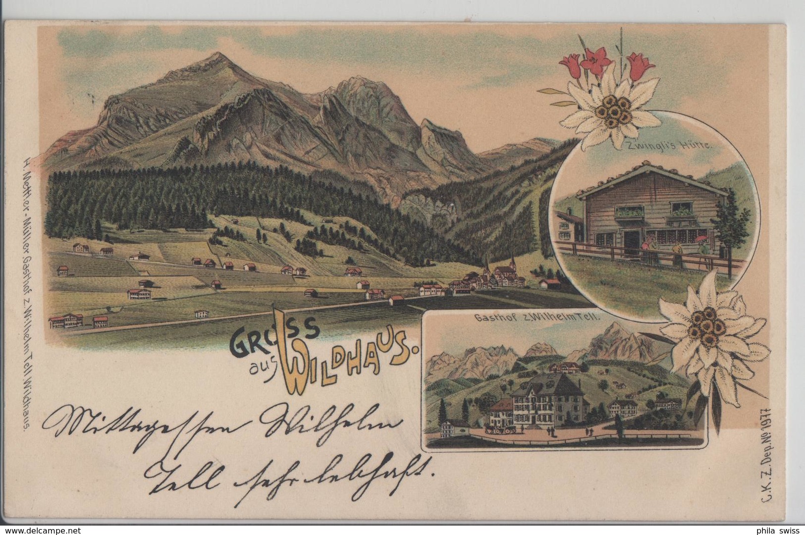 Gruss Aus Wildhaus - Gasthof Zum Wilhelm Tell, Zwingli Hütte - Litho Carl Künzli No. 1977 - Sonstige & Ohne Zuordnung