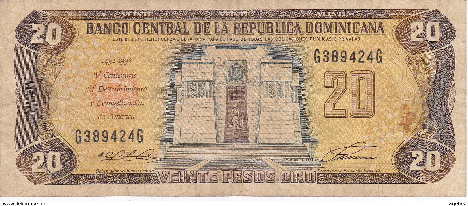 BILLETE DE REP. DOMINICANA DE 20 PESOS ORO DEL AÑO 1992  (BANKNOTE) CONMEMORATIVO V CENTENARIO AMERICA - República Dominicana