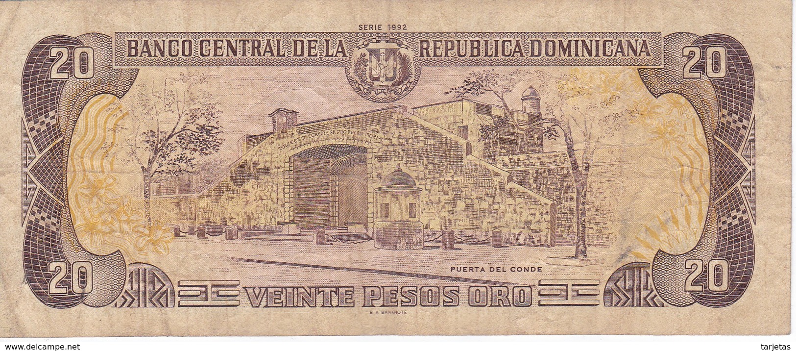 BILLETE DE REP. DOMINICANA DE 20 PESOS ORO DEL AÑO 1992  (BANKNOTE) CONMEMORATIVO V CENTENARIO AMERICA - Dominicana