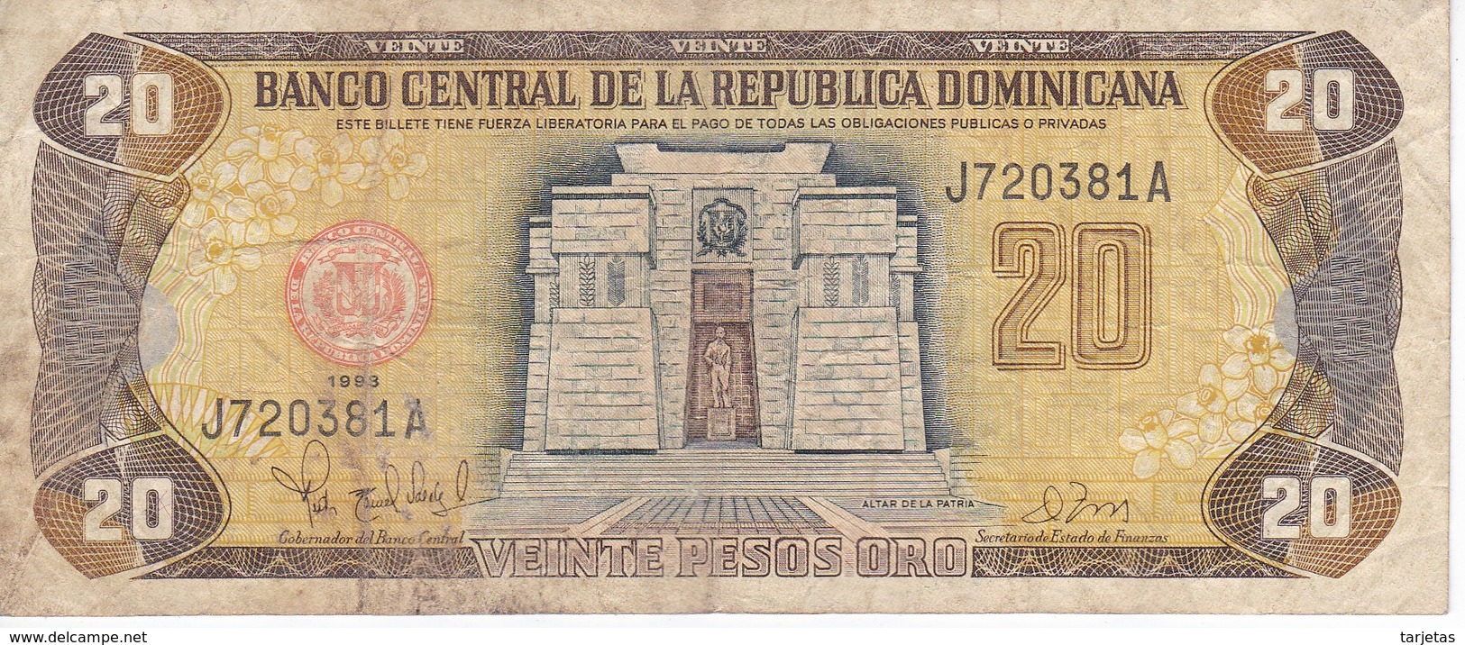 BILLETE DE REP. DOMINICANA DE 20 PESOS ORO DEL AÑO 1993 (BANKNOTE) - República Dominicana