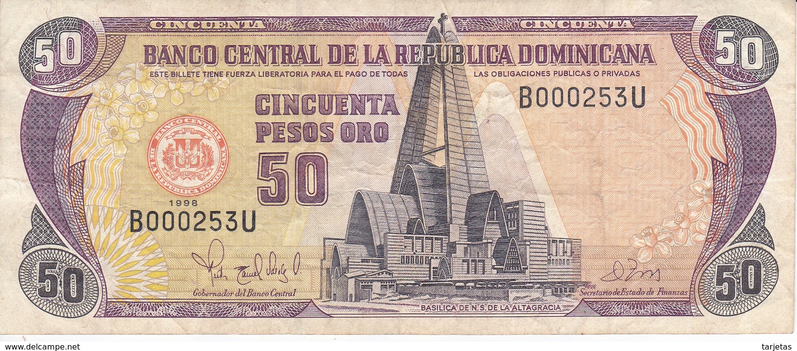 BILLETE DE REP. DOMINICANA DE 50 PESOS ORO DEL AÑO 1998 NUMERACION MUY BAJA 000253 (BANKNOTE) - Repubblica Dominicana