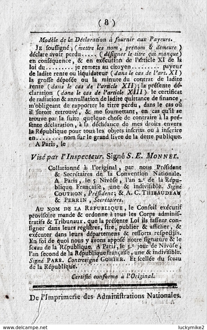 Superb Newspaper From Year 2 Of The French Republic, 4 Pages (8 Sides) On Stocks And Other Financial Matters.  Ref 0555 - Historical Documents