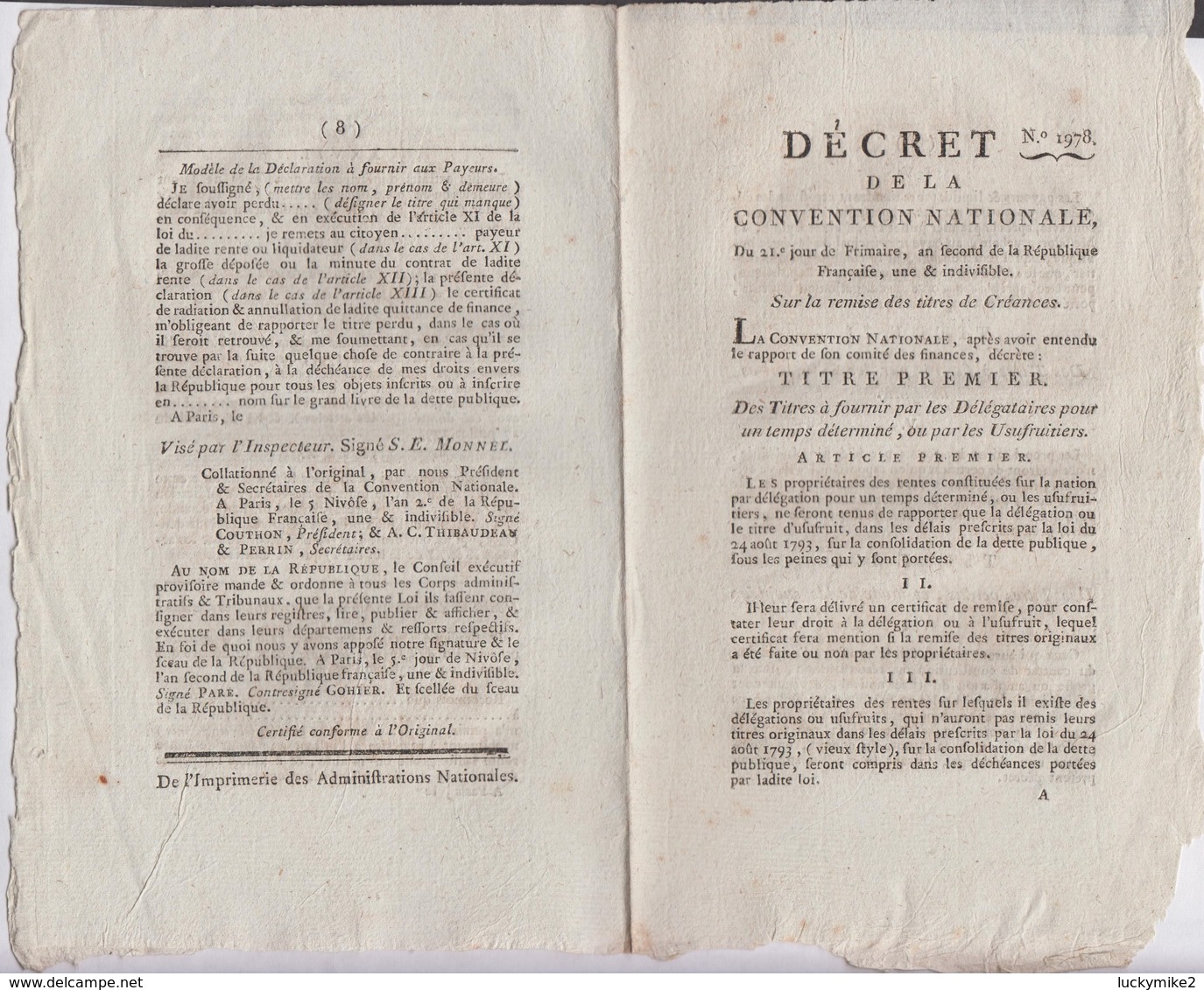 Superb Newspaper From Year 2 Of The French Republic, 4 Pages (8 Sides) On Stocks And Other Financial Matters.  Ref 0555 - Documents Historiques